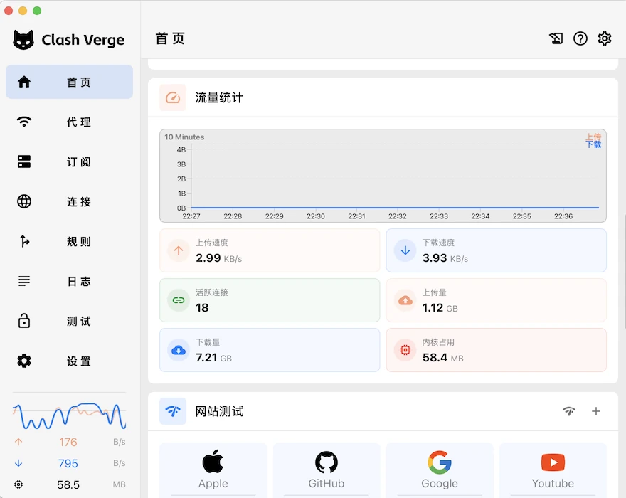 Clash Verge 桌面客户端主界面，用于辨认隐私说明页中的本地管理视图